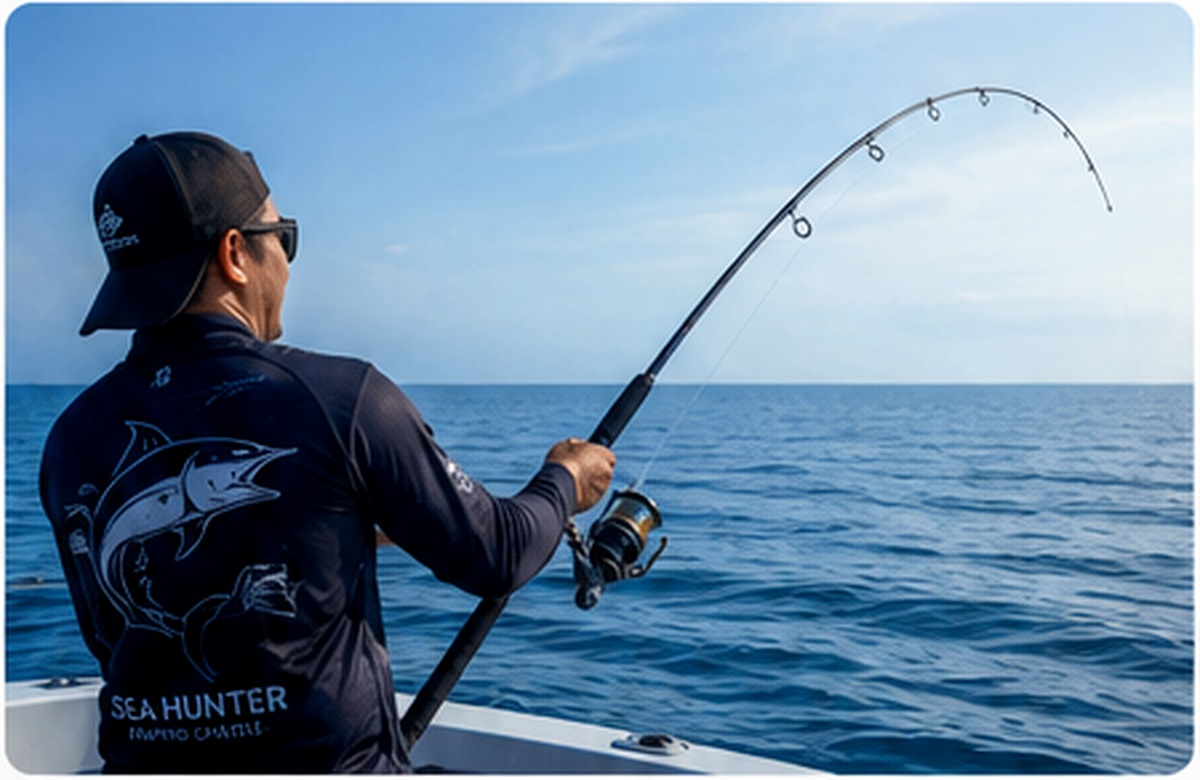 An angler reeling in a fish from a boat in Malaysian waters